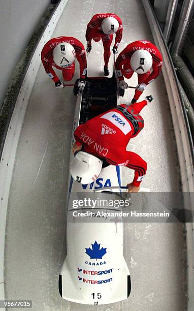 Team Canada 1 with pilot Lyndon Rush and his team mates Chris Le Bihan, Dan Humphreies and Lascelles Brown start at the final run of the four men's...