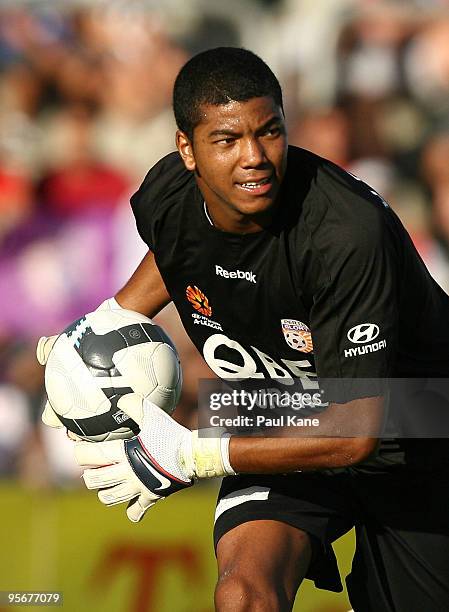 Goalkeeper Tando Velaphi of the Glory in action during the round 22 A-League match between Perth Glory and Sydney FC at ME Bank Stadium on January...