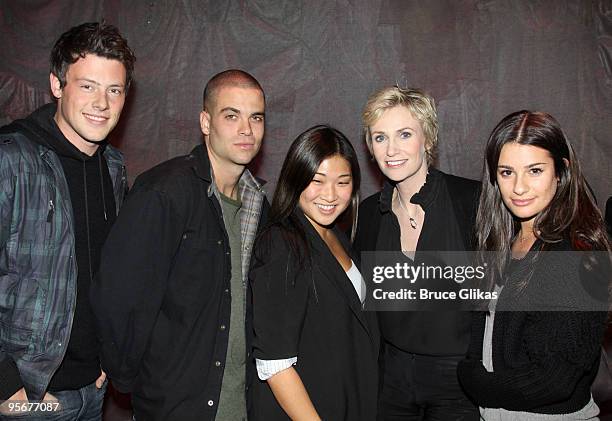 Cory Monteith, Mark Salling, Jenna Ushkowitz, Jane Lynch and Lea Michele pose backstage at "Love, Loss and What I Wore" at The Westside Theater on...