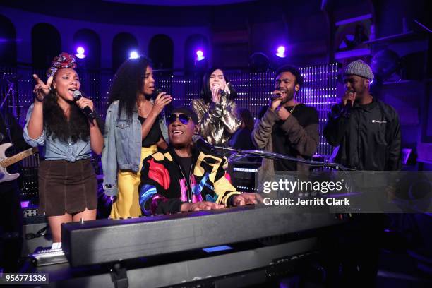 Shelea, Kelly Rowland, Stevie Wonder, Jessie J, Donald Glover and Luke James perform onstage during The Stevie Wonder Song Party at The Peppermint...
