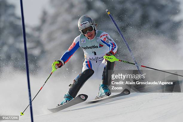 Julien Lizeroux of France takes 1st place during the Audi FIS Alpine Ski World Cup Men's Slalom on January 10, 2010 in Adelboden, Switzerland.