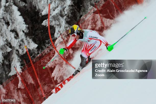 Marcel Hirscher of Austria skis to 2nd place during the Audi FIS Alpine Ski World Cup Men's Slalom on January 10, 2010 in Adelboden, Switzerland.