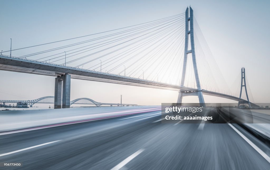 Nanjing No.3 Yangtze River Bridge with blurred motion traffic