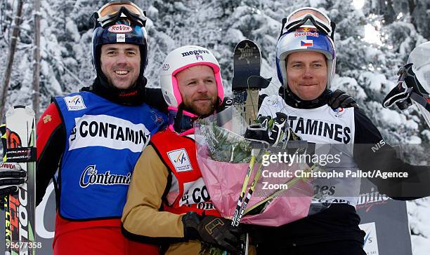 Xavier Kuhn of France takes 1st place, Stanley Hayer of Canada takes 2nd place and Tomas Kraus of the Czech Republic takes 3rd place in the FIS...