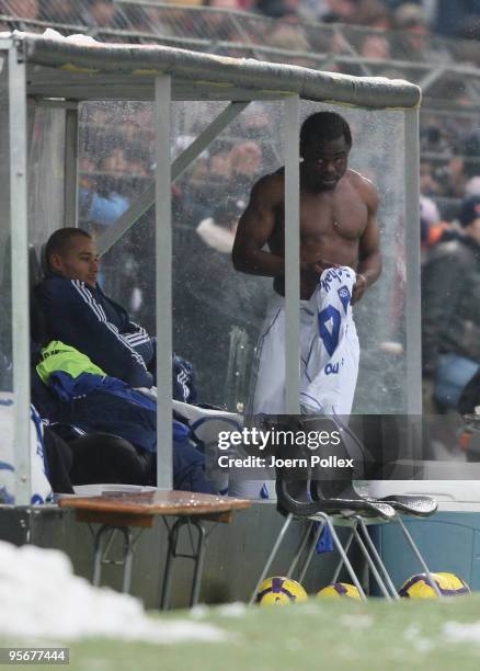 Gerald Asamoah of Schalke is seen during the friendly match between FC St. Pauli and FC Schalke 04 at the Millerntor Stadium on January 10, 2010 in...