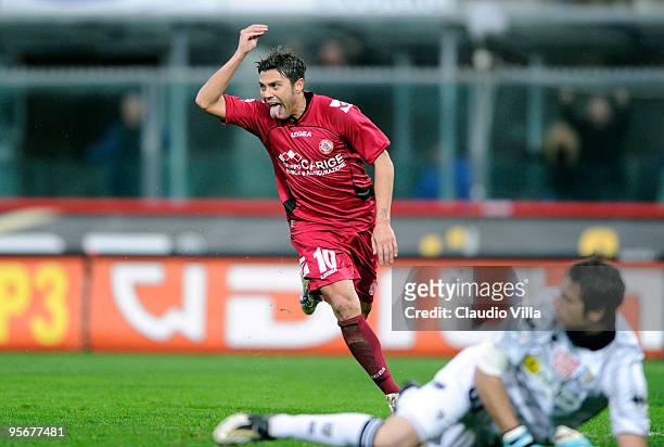 Francesco Tavano of AS Livorno Calcio celebrates after scoring the opening goal of the Serie A match between Livorno and Parma at Stadio Armando...