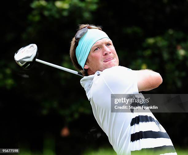 Pelle Edberg of Sweden plays his tee shot on the 18th hole during the final round of the Africa Open at the East London Golf Club on January 10, 2010...