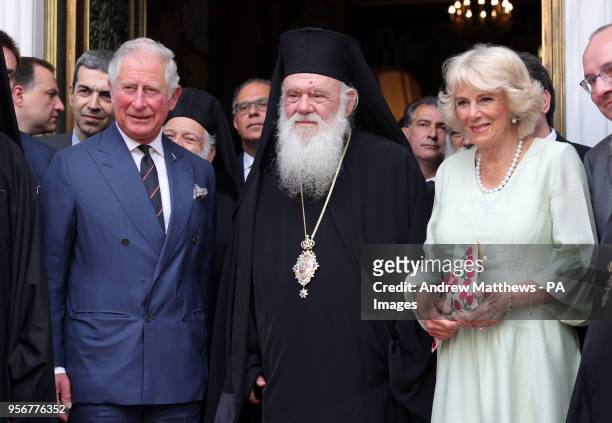 The Prince of Wales and the Duchess of Cornwall with His Beatitude Archbishop Ieronymos II of Athens and All Greece , after Prince Charles's visit to...