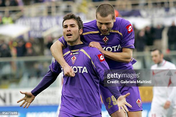 Adrian Mutu of ACF Fiorentina celebrates scoring a goal during the Serie A match between Fiorentina and Bari at Stadio Artemio Franchi on January 10,...