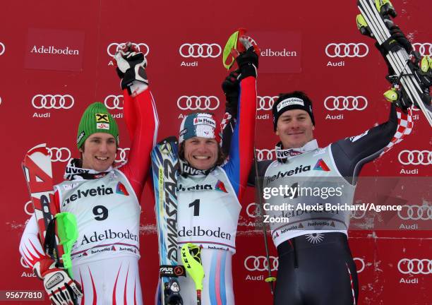 Julien Lizeroux of France takes 1st place, Marcel Hirscher of Austria takes 2nd place, and Ivica Kostelic of Croatia takes 3rd place during the Audi...