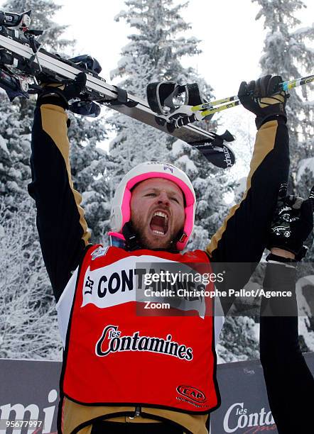 Xavier Kuhn of France takes 1st place during the FIS Freestyle World Cup Men's Ski Cross on January 10, 2010 in Les Contamines, France.