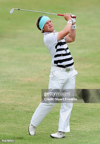 Pelle Edberg of Sweden plays his approach shot on the 12th hole during the final round of the Africa Open at the East London Golf Club on January 10,...