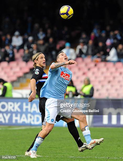 Reto Ziegler of UC Sampdoria and Marek Hamsik of SSC Napoli in action during the Serie A match between SSC Napoli and UC Sampdoria at Stadio San...