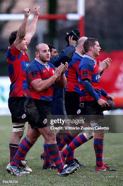 Femi-CZ Rovigo players celebrate after winning during the Campionato Eccellenza Super 10 match between Parma Rugby FC v Femi-CZ Rovigo at XXV Aprile...