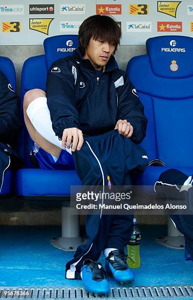 Shunsuke Nakamura of Espanyol sits on the substitutes bench before the start of the La Liga match between Espanyol and Real Zaragoza at Nuevo Estadio...