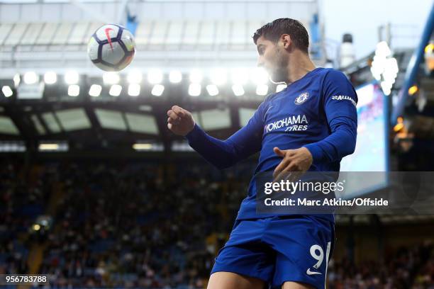 Alvaro Morata of Chelsea during the Premier League match between Chelsea and Huddersfield Town at Stamford Bridge on May 9, 2018 in London, England.