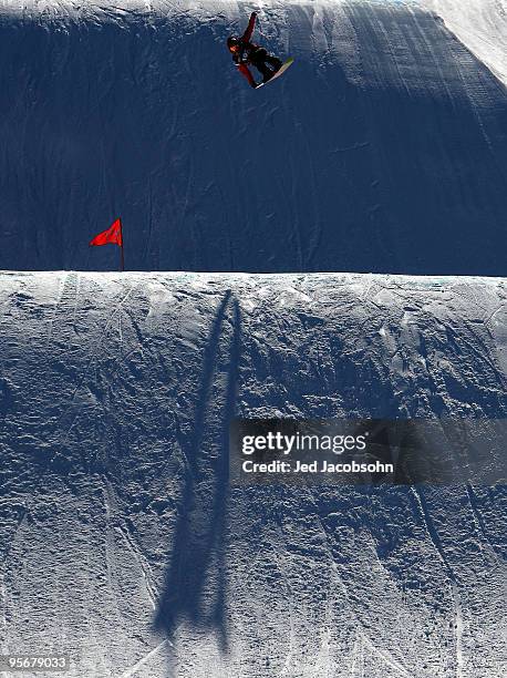 Jamie Anderson competes during the finals of the slopestyle portion of the 2010 U.S. Snowboarding Grand Prix on January 10, 2010 at Mammoth Mountain...