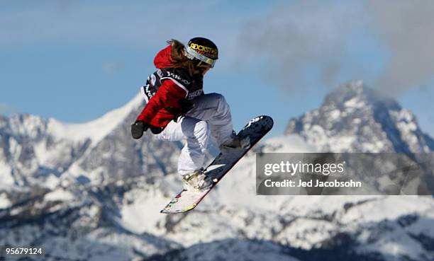 Jamie Anderson competes during the finals of the slopestyle portion of the 2010 U.S. Snowboarding Grand Prix on January 10, 2010 at Mammoth Mountain...