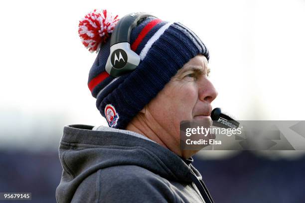 Head coach Bill Belichick of the New England Patriots looks on against the Baltimore Ravens during the 2010 AFC wild-card playoff game at Gillette...