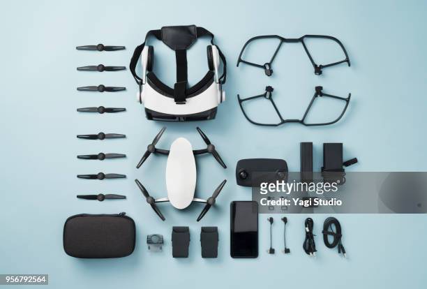 drone equipment knolling style on blue background. - electrical equipment photos et images de collection