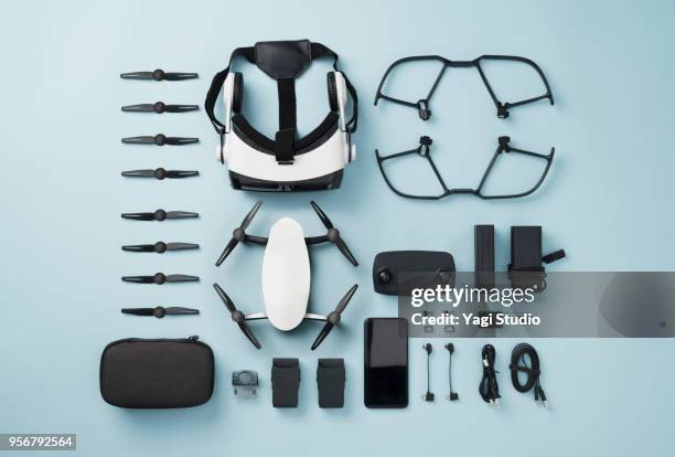 drone equipment knolling style on blue background. - electrical equipment imagens e fotografias de stock