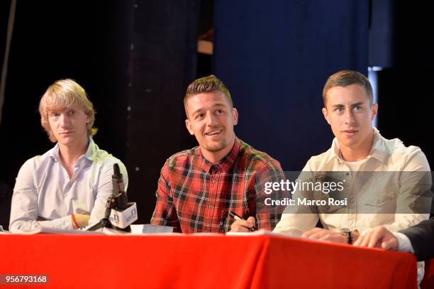 Dusan Basta, Sergej Milinkvoic Savic and Adam Marusic of SS Lazio meet students during a visit to Asisium school on May 10, 2018 in Rome, Italy.