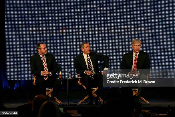 President of NBC News Steve Capus, NBC Nightly News anchor Brian Williams and NBC Meet the Press anchor David Gregory speak onstage at the NBC...