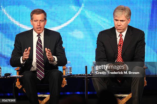 Nightly News anchor Brian Williams and NBC Meet the Press anchor David Gregory speak onstage at the NBC Universal 'NBC News' Q&A portion of the 2010...