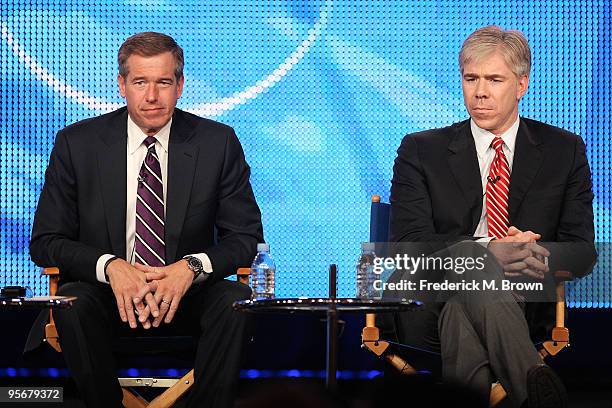 Nightly News anchor Brian Williams and NBC Meet the Press anchor David Gregory speak onstage at the NBC Universal 'NBC News' Q&A portion of the 2010...