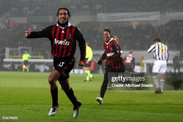 Alessandro Nesta of Milan celebrates scoring the opening goal during the Juventus v AC Milan Serie A match at the Stadio Olimpico di Torino on...