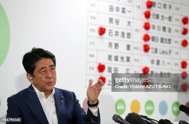 Japanese Prime Minister and ruling Liberal Democratic Party president Shinzo Abe speaks to a TV interview for the result of the Upper House election...