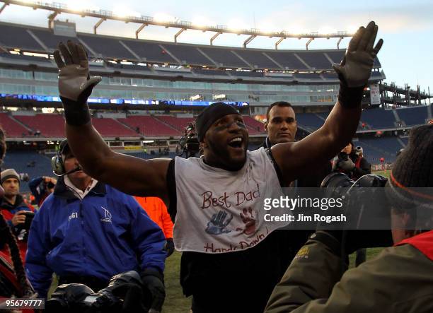 Ray Lewis of the Baltimore Ravens celebrates as he walks off of the field after their 33-14 win against the New England Patriots during the 2010 AFC...