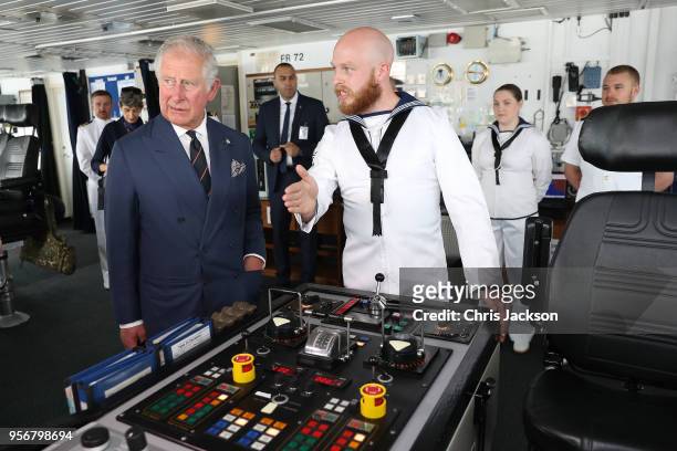 Prince Charles, Prince of Wales visits HMS ECHO during a visit to Piraeus Harbour on May 10, 2018 in Athens, Greece. His Royal Highness was greeted...
