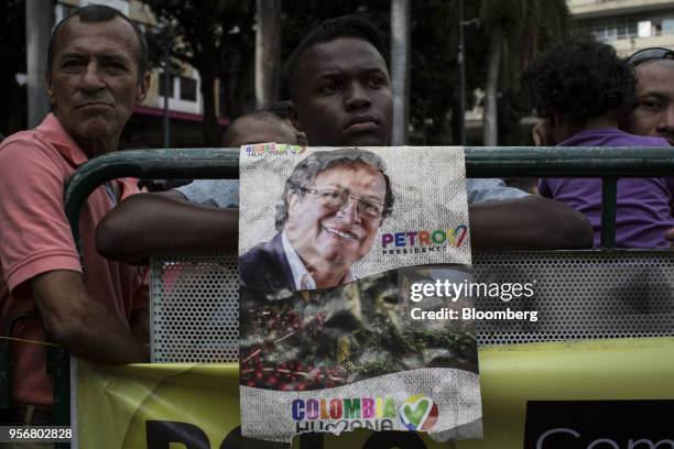 Supporters of Gustavo Petro, presidential candidate for the Progressivists Movement Party, attend a campaign rally in Pereira, Colombia, on...