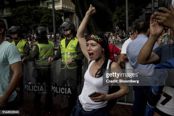 Supporter shouts slogans as Gustavo Petro, presidential candidate for the Progressivists Movement Party, holds a campaign rally in Pereira, Colombia,...