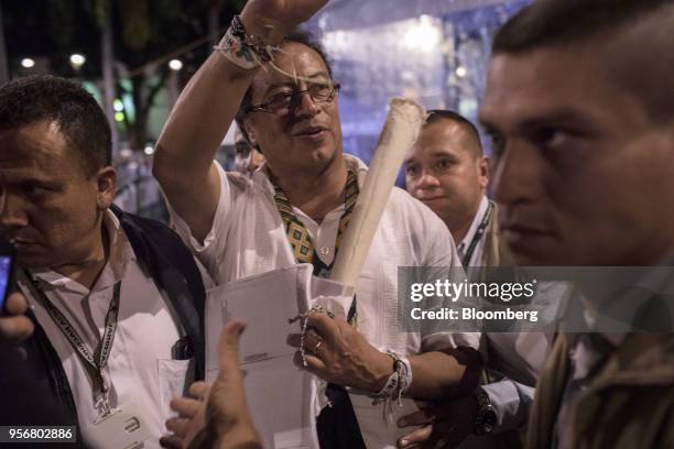 Gustavo Petro, presidential candidate for the Progressivists Movement Party, greets supporters during a campaign rally in Pereira, Colombia, on...