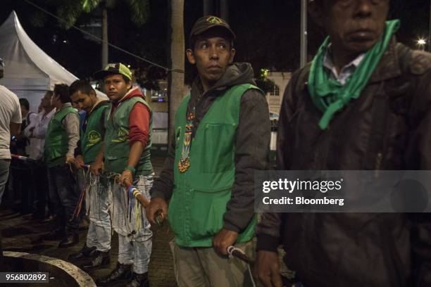 Members of the Indigenous Guard secure the Bolivar Square perimeter as Gustavo Petro, presidential candidate for the Progressivists Movement Party,...