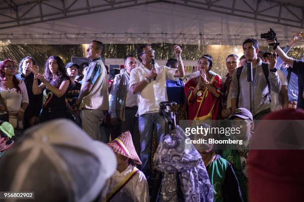 Gustavo Petro, presidential candidate for the Progressivists Movement Party, center, speaks during a campaign rally in Pereira, Colombia, on...