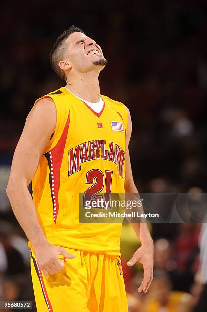 Grevis Vasquez of the Maryland Terrapins celebrates a win after a college basketball game against the Florida State Seminoles on January 10, 2010 at...