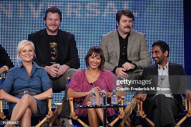 Actress Amy Poehler, actor Chris Pratt, actress Rashida Jones, actor Nick Offerman and actor Aziz Ansari speak onstage for NBC's television show...