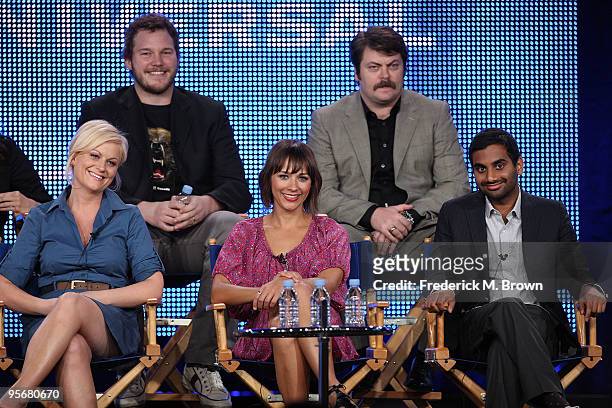 Actress Amy Poehler, actor Chris Pratt, actress Rashida Jones, actor Nick Offerman and actor Aziz Ansari speak onstage for NBC's television show...
