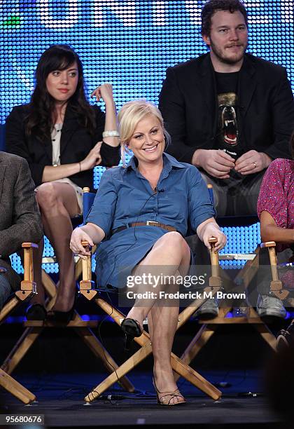 Actress Aubrey Plaza, actress Amy Poehler and actor Chris Pratt speak onstage for NBC's television show 'Parks and Recreation' during the NBC...