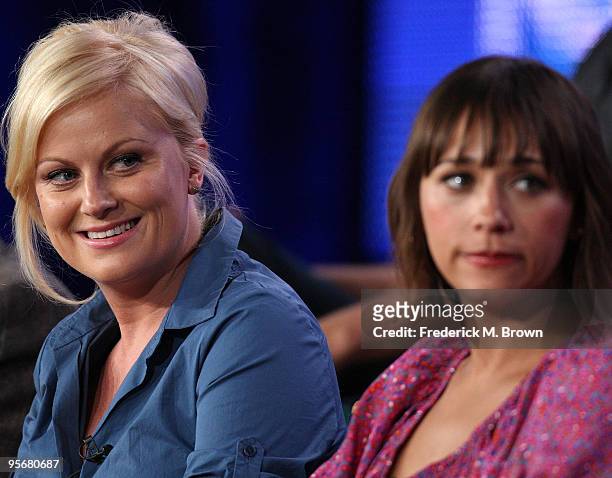 Actresses Amy Poehler and Rashida Jones speak onstage for NBC's television show 'Parks and Recreation' during the NBC Universal 2010 Winter TCA Tour...