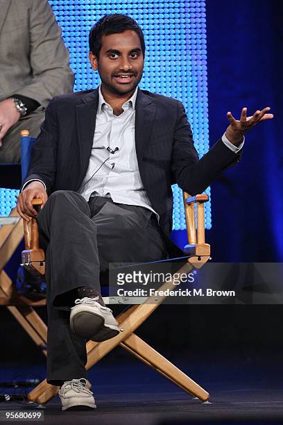 Actor Aziz Ansari speaks onstage for NBC's television show 'Parks and Recreation' during the NBC Universal 2010 Winter TCA Tour day 2 at the Langham...