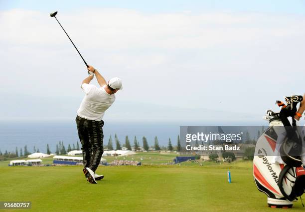Rory Sabbatini hits a drive at the 18th tee box during the final round of the SBS Championship at Plantation Course at Kapalua on January 10, 2010 in...