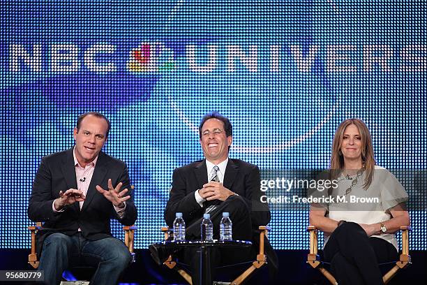 Comedian Tom Papa, Executive Producer Jerry Seinfeld and Executive Producer Ellen Rakieten speak onstage for NBC's television show 'The Marriage Ref'...