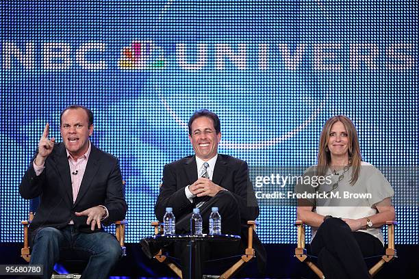 Comedian Tom Papa, Executive Producer Jerry Seinfeld and Executive Producer Ellen Rakieten speak onstage for NBC's television show 'The Marriage Ref'...