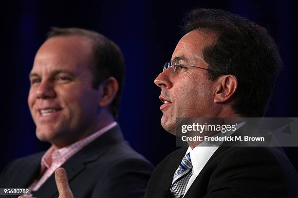 Comedian Tom Papa and Executive Producer Jerry Seinfeld speak onstage for NBC's television show 'The Marriage Ref' during the NBC Universal 2010...