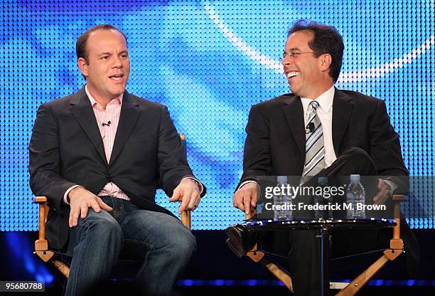 Comedian Tom Papa and Executive Producer Jerry Seinfeld speak onstage for NBC's television show 'The Marriage Ref' during the NBC Universal 2010...