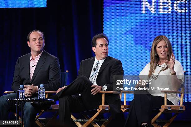 Comedian Tom Papa, Executive Producer Jerry Seinfeld and Executive Producer Ellen Rakieten speak onstage for NBC's television show 'The Marriage Ref'...